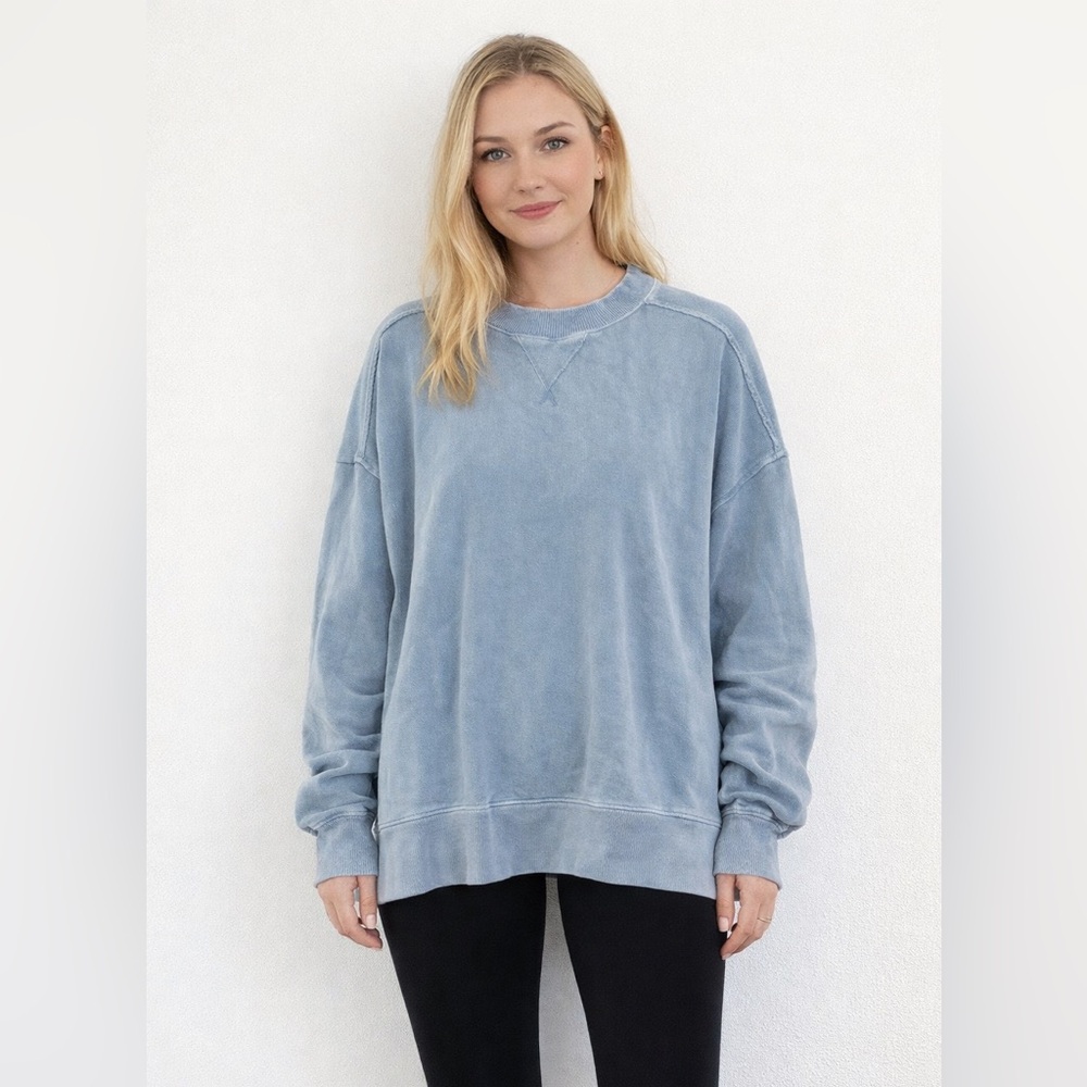 Aerie Big Chill Oversized Distressed Faded Denim Blue Sweatshirt  S NWT